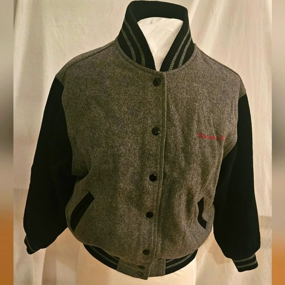 American Girl Varsity Jacket Embroidered Logo Gray Black Wool Blend Girls MEDIUM